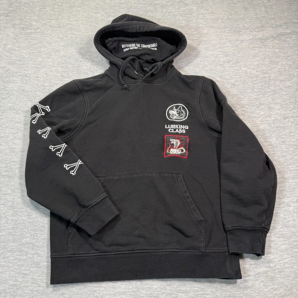 Lurking Class Hoodie Men S Black‎ Skeleton Sleeve Snake Patch Graphic Pullover